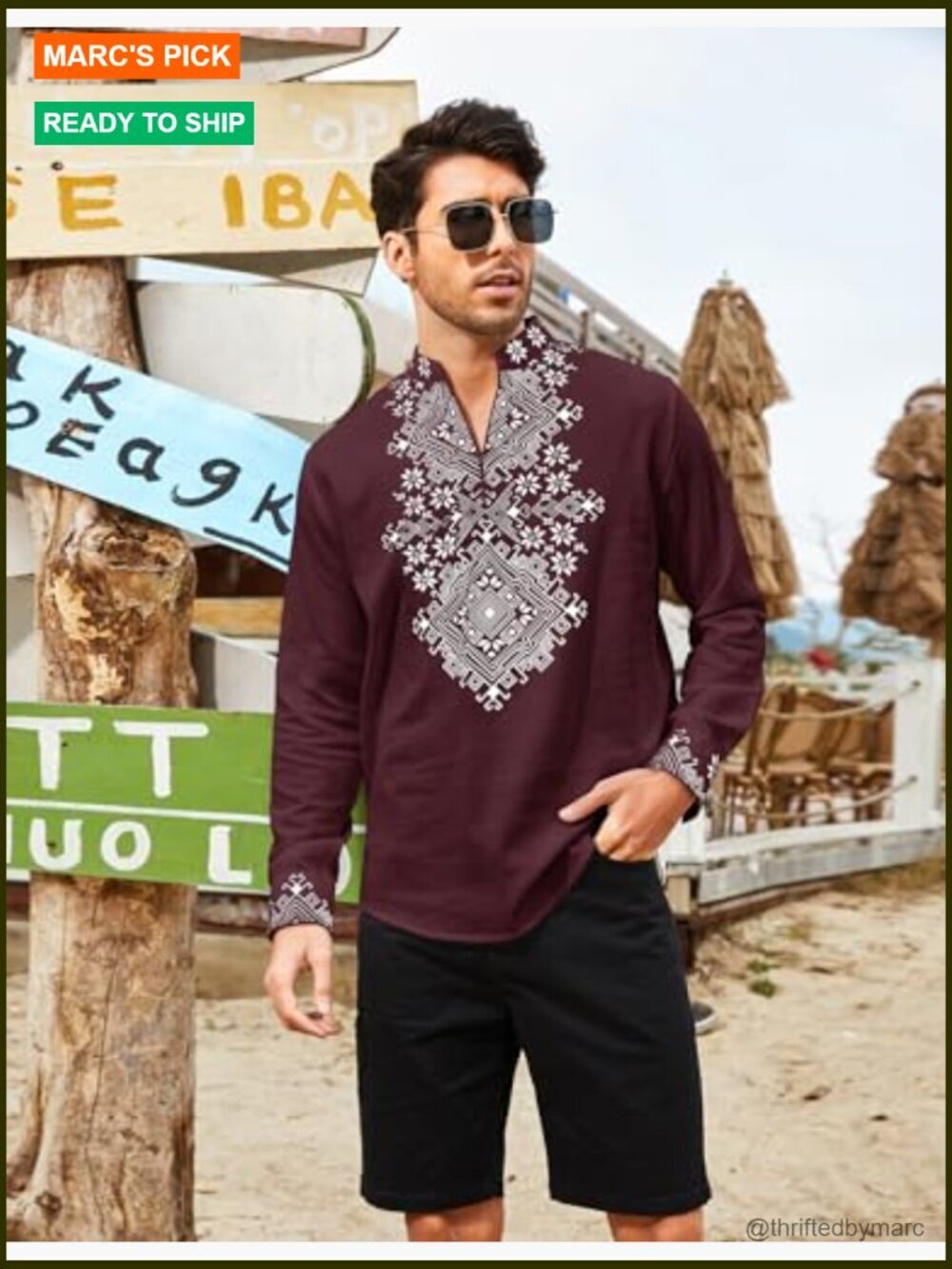 Men's African Print Henley Shirt Long Sleeve Zip Up Cotton Linen - Picture 2 of 7